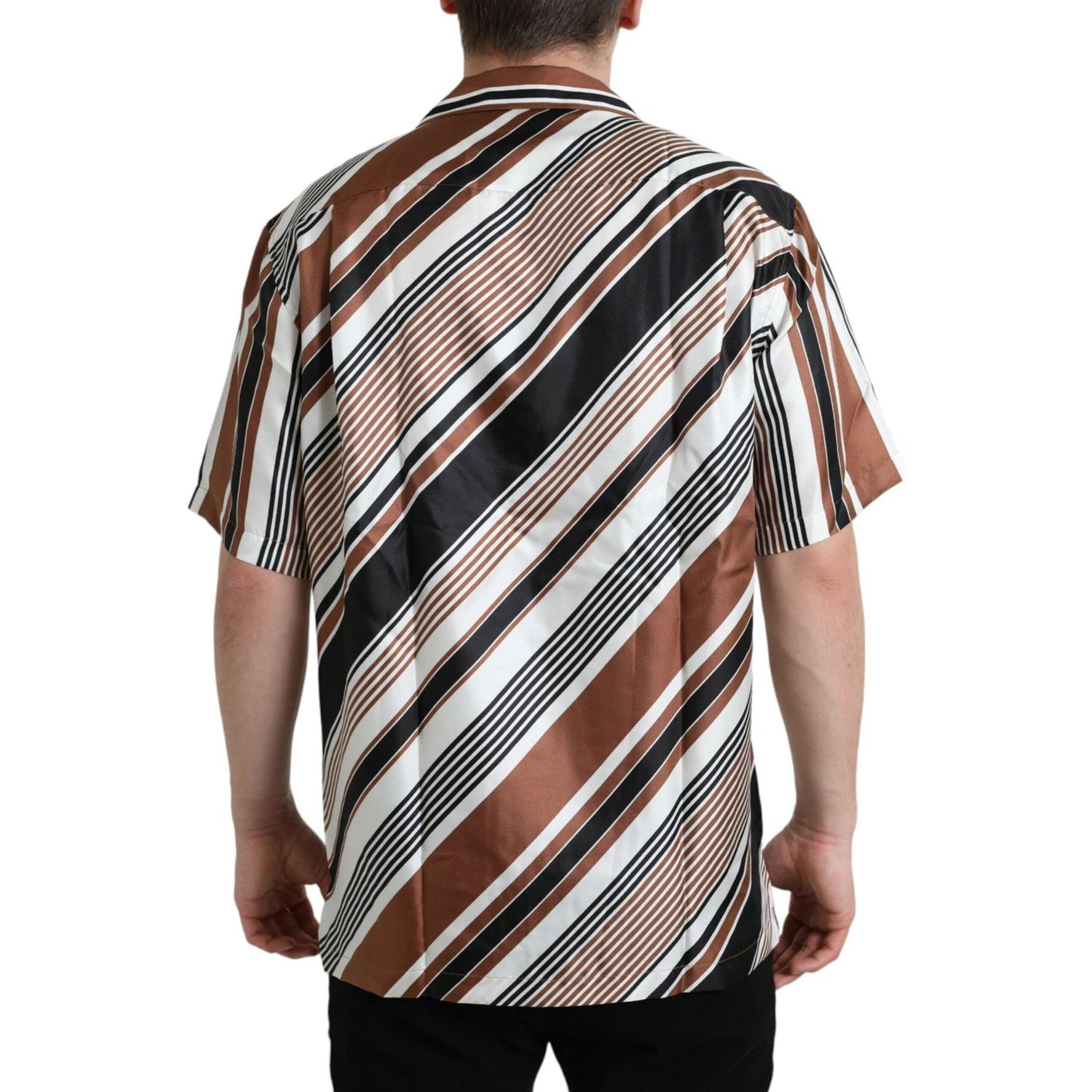 Dolce & Gabbana Brown White Silk Striped Short Sleeve Shirt Dolce & Gabbana