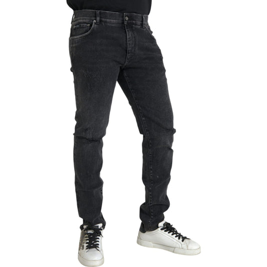 Gray Cotton Stretch Skinny Denim Logo Jeans