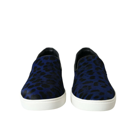 Dolce & Gabbana Blue Calfskin Hair Leopard Sneakers Shoes