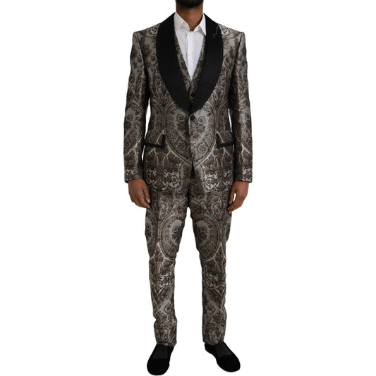 Brown Floral Jacquard Formal 3 Piece Suit