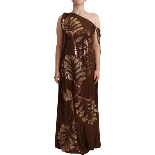 Dsquared² Brown Leaf Sequined Shift One Shoulder Long Dress Dsquared²