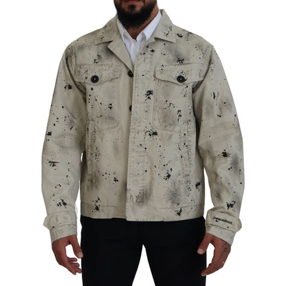Dsquared² Off White Black Splash Print Casual Denim Jacket 1728,67345645728,Clothing,Denim Jackets - Jackets & Coats - Clothing,Dsquared²,IT48 | M,Jackets & Coats - Clothing,Jackets - Men - Clothing,Material: 100% Cotton,Men,Off White,Preowned / Defect