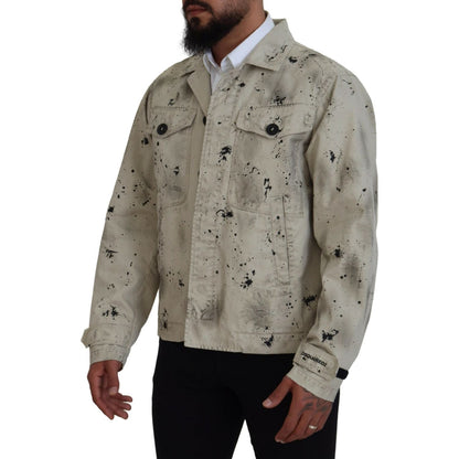 Dsquared² Off White Black Splash Print Casual Denim Jacket 1728,67345645728,Clothing,Denim Jackets - Jackets & Coats - Clothing,Dsquared²,IT48 | M,Jackets & Coats - Clothing,Jackets - Men - Clothing,Material: 100% Cotton,Men,Off White,Preowned / Defect