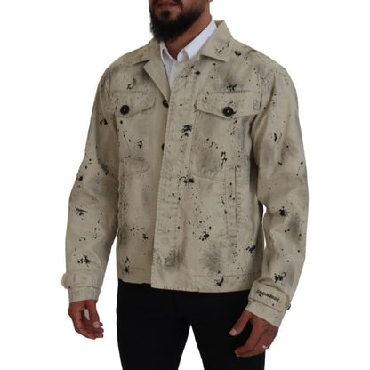 Dsquared² Off White Black Splash Print Casual Denim Jacket 1728,67345645728,Clothing,Denim Jackets - Jackets & Coats - Clothing,Dsquared²,IT48 | M,Jackets & Coats - Clothing,Jackets - Men - Clothing,Material: 100% Cotton,Men,Off White,Preowned / Defect