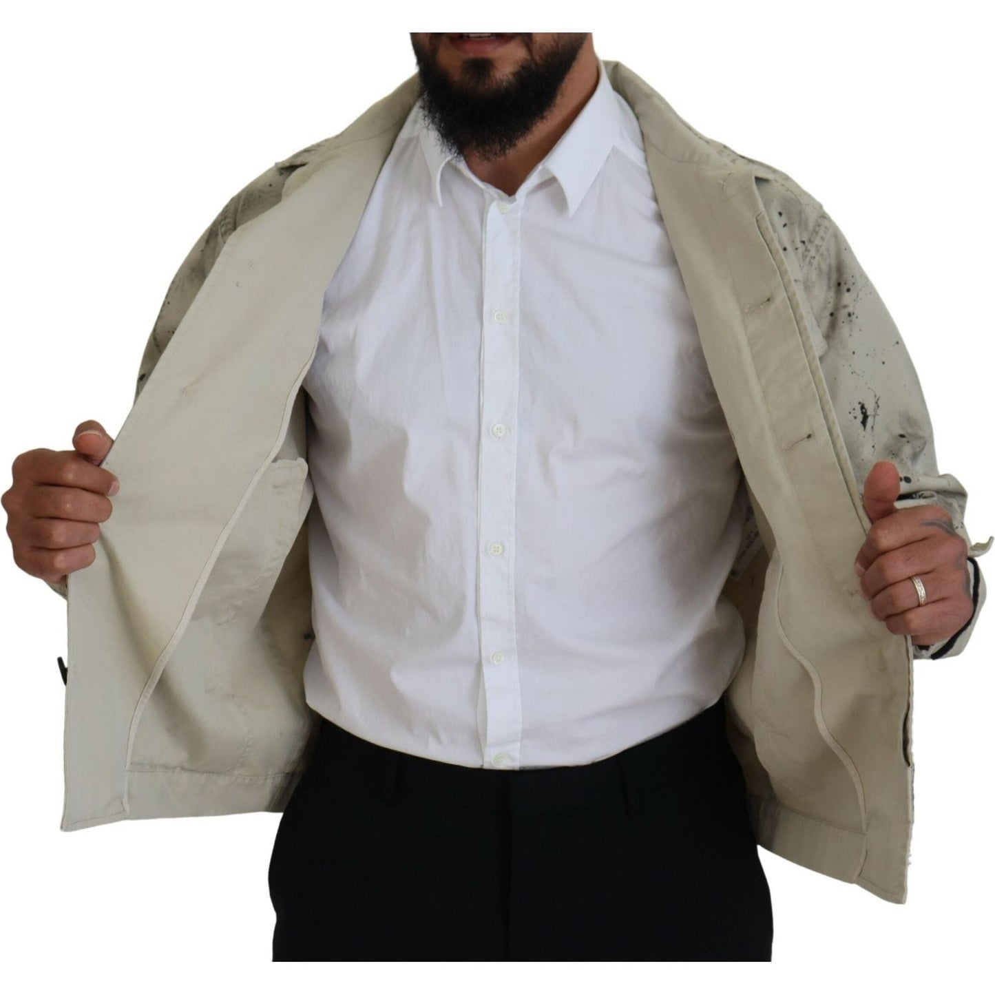 Dsquared² Off White Black Splash Print Casual Denim Jacket 1728,67345645728,Clothing,Denim Jackets - Jackets & Coats - Clothing,Dsquared²,IT48 | M,Jackets & Coats - Clothing,Jackets - Men - Clothing,Material: 100% Cotton,Men,Off White,Preowned / Defect