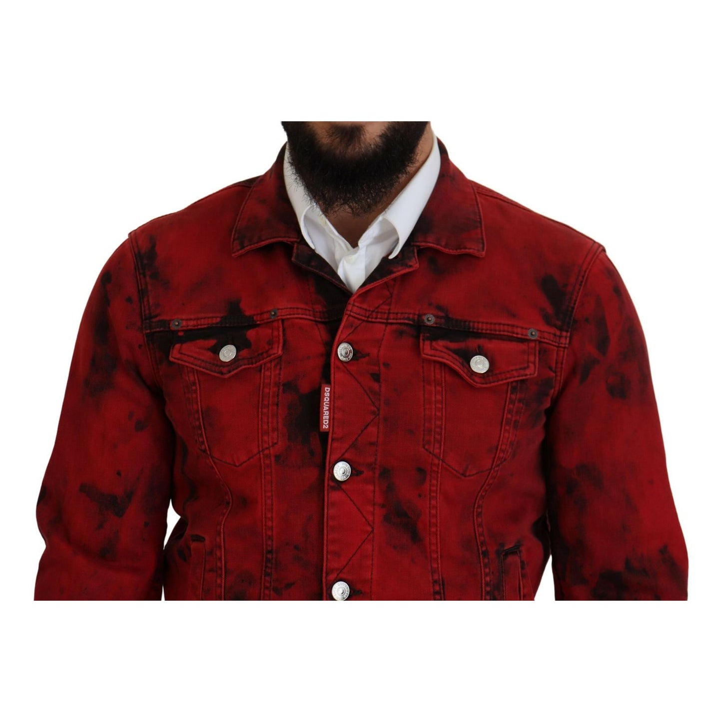 Dsquared² Red Black Tie Dye Collared Men Denim Jacket 1728,67345645728,Black and Red,Clothing,Denim Jackets - Jackets & Coats - Clothing,Dsquared²,IT48 | M,Jackets & Coats - Clothing,Jackets - Men - Clothing,Material: 98% Cotton 2% Elastane,Men,Preowned /