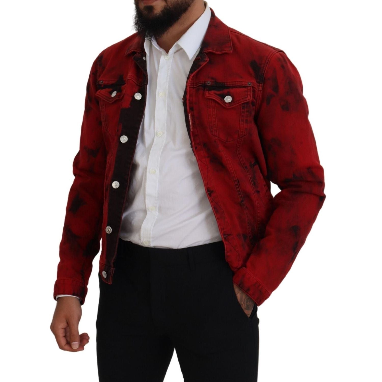 Dsquared² Red Black Tie Dye Collared Men Denim Jacket