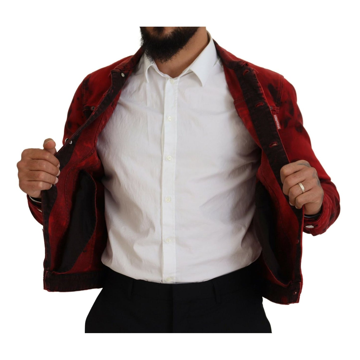 Dsquared² Red Black Tie Dye Collared Men Denim Jacket 1728,67345645728,Black and Red,Clothing,Denim Jackets - Jackets & Coats - Clothing,Dsquared²,IT48 | M,Jackets & Coats - Clothing,Jackets - Men - Clothing,Material: 98% Cotton 2% Elastane,Men,Preowned /