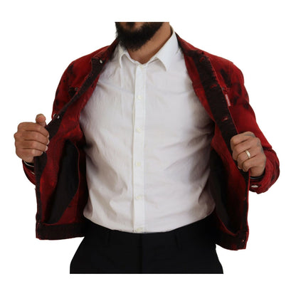 Dsquared² Red Black Tie Dye Collared Men Denim Jacket 1728,67345645728,Black and Red,Clothing,Denim Jackets - Jackets & Coats - Clothing,Dsquared²,IT48 | M,Jackets & Coats - Clothing,Jackets - Men - Clothing,Material: 98% Cotton 2% Elastane,Men,Preowned /