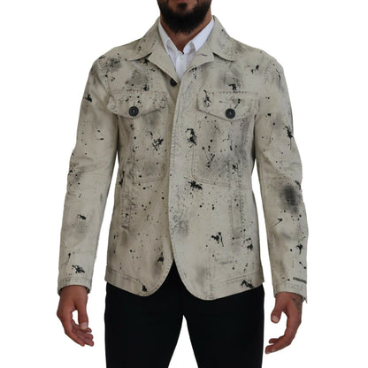 Dsquared² Off White Black Splash Print Casual Denim Jacket 1728,67345645728,Clothing,Denim Jackets - Jackets & Coats - Clothing,Dsquared²,IT48 | M,Jackets & Coats - Clothing,Jackets - Men - Clothing,Material: 100% Cotton,Men,Off White,Preowned / Defect