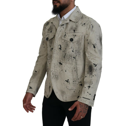 Dsquared² Off White Black Splash Print Casual Denim Jacket 1728,67345645728,Clothing,Denim Jackets - Jackets & Coats - Clothing,Dsquared²,IT48 | M,Jackets & Coats - Clothing,Jackets - Men - Clothing,Material: 100% Cotton,Men,Off White,Preowned / Defect