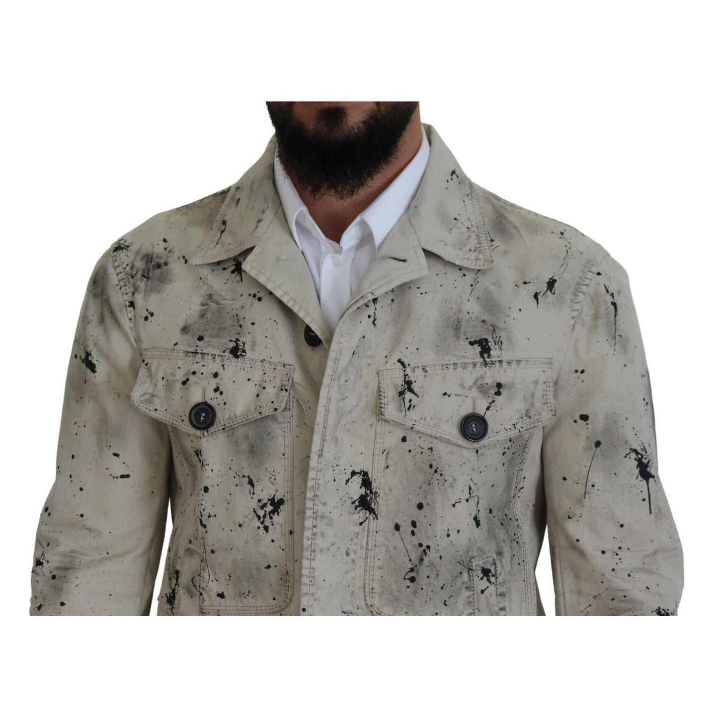 Dsquared² Off White Black Splash Print Casual Denim Jacket 1728,67345645728,Clothing,Denim Jackets - Jackets & Coats - Clothing,Dsquared²,IT48 | M,Jackets & Coats - Clothing,Jackets - Men - Clothing,Material: 100% Cotton,Men,Off White,Preowned / Defect