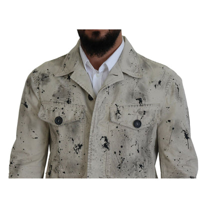 Dsquared² Off White Black Splash Print Casual Denim Jacket 1728,67345645728,Clothing,Denim Jackets - Jackets & Coats - Clothing,Dsquared²,IT48 | M,Jackets & Coats - Clothing,Jackets - Men - Clothing,Material: 100% Cotton,Men,Off White,Preowned / Defect