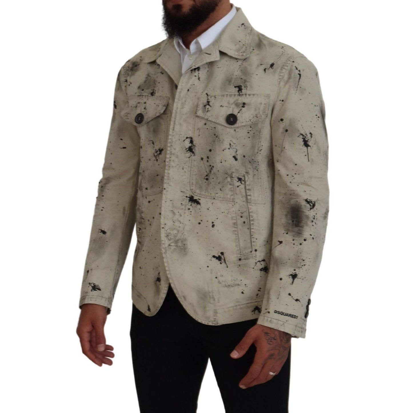 Dsquared² Off White Black Splash Print Casual Denim Jacket 1728,67345645728,Clothing,Denim Jackets - Jackets & Coats - Clothing,Dsquared²,IT48 | M,Jackets & Coats - Clothing,Jackets - Men - Clothing,Material: 100% Cotton,Men,Off White,Preowned / Defect
