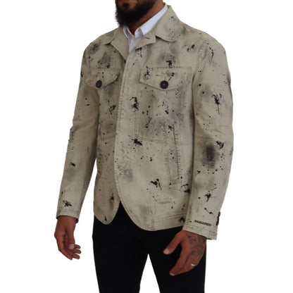 Dsquared² Off White Black Splash Print Casual Denim Jacket 1728,67345645728,Clothing,Denim Jackets - Jackets & Coats - Clothing,Dsquared²,IT48 | M,Jackets & Coats - Clothing,Jackets - Men - Clothing,Material: 100% Cotton,Men,Off White,Preowned / Defect