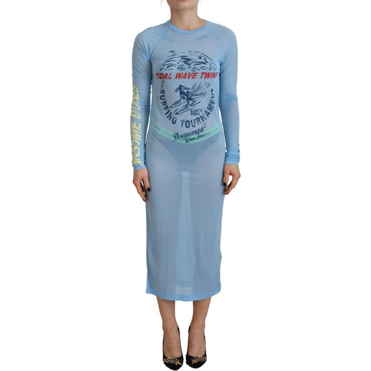 Dsquared² Blue Printed Viscose Long Sleeves Cover Up Dress Dsquared²