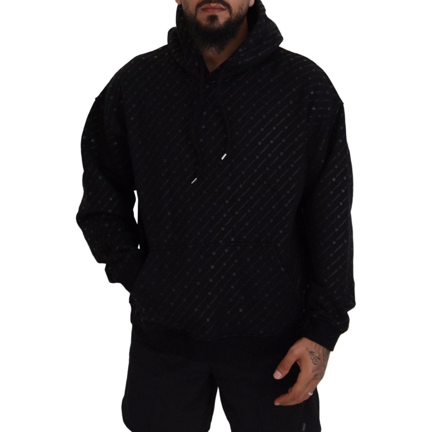 Dsquared² Black Cotton Hooded Printed Men Pullover Sweater Dsquared²