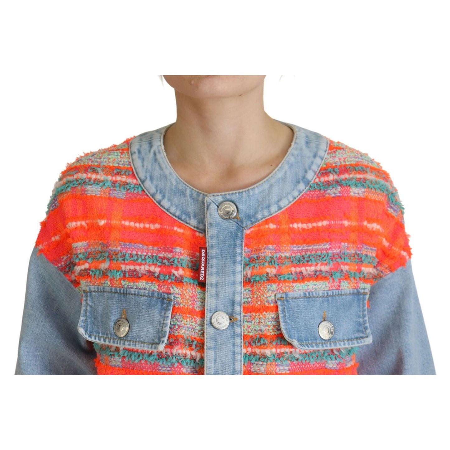 Dsquared² Orange Blue Panelled Button Front Denim Jacket 1728,67345645728,Clothing,Denim Jackets - Jackets & Coats - Clothing,Dsquared²,IT38 | XS,Jackets & Coats - Clothing,Jackets & Coats - Women - Clothing,Material: 32% Polyester 24% Acrylic 21% Nylon 2