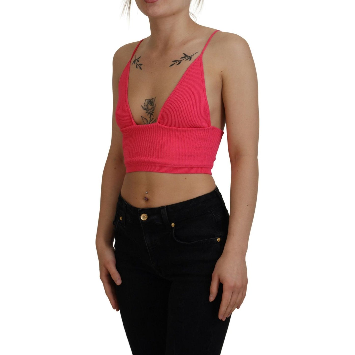 Dsquared² Pink Ribbed Knit Bra Cropped Spaghetti Strap Top Dsquared²