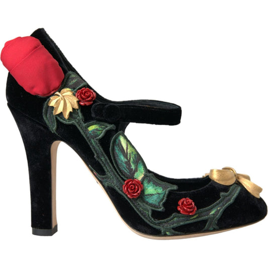 Dolce & Gabbana Black Roses Crystal Brooch Mary Jane Shoes Dolce & Gabbana