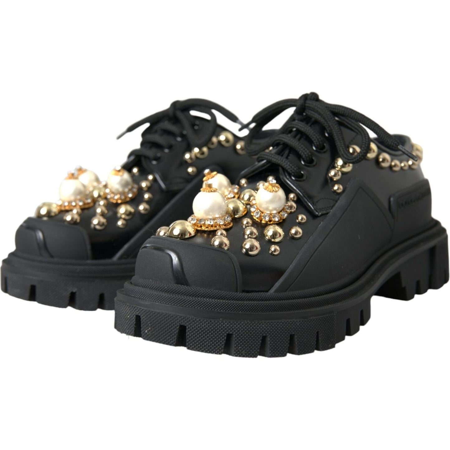 Dolce & Gabbana Black Leather Trekking Derby Embellished Shoes Dolce & Gabbana