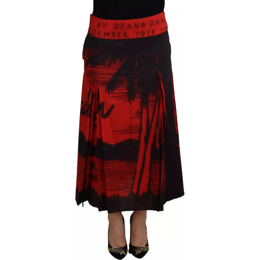 Dsquared² Red Printed High Waist A-line Pleated Midi Skirt 1728,67345645728,Black and Red,Clothing,Dsquared²,IT38 | XS,Long - Skirts - Clothing,Preowned / Defect,Skirts - Clothing,Skirts - Women - Clothing,Women
