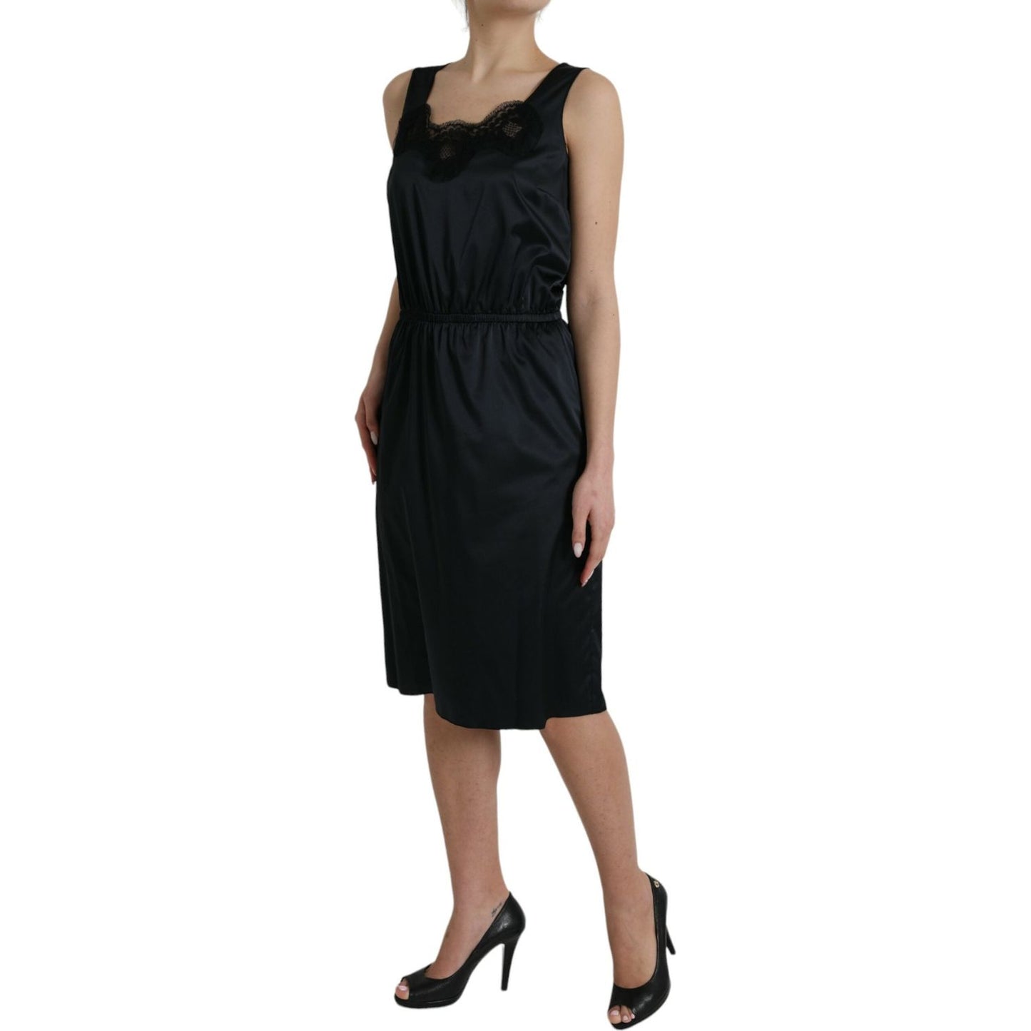 Dolce & Gabbana Black Polyester Lace Trim Sheath Midi Dress Dolce & Gabbana