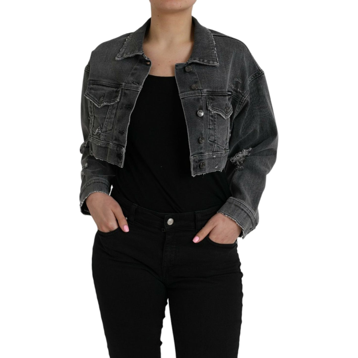 Dolce & Gabbana Dark Gray Cotton Stretch Cropped Denim Jacket Dolce & Gabbana