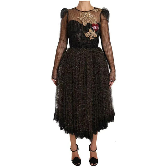 Dolce & Gabbana Black Gold Crystal Heart A-line Dress Dolce & Gabbana Black