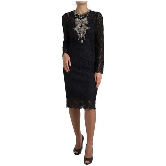 Dolce & Gabbana Black Nylon Lace Embellished Sheath Dress Dolce & Gabbana Tan