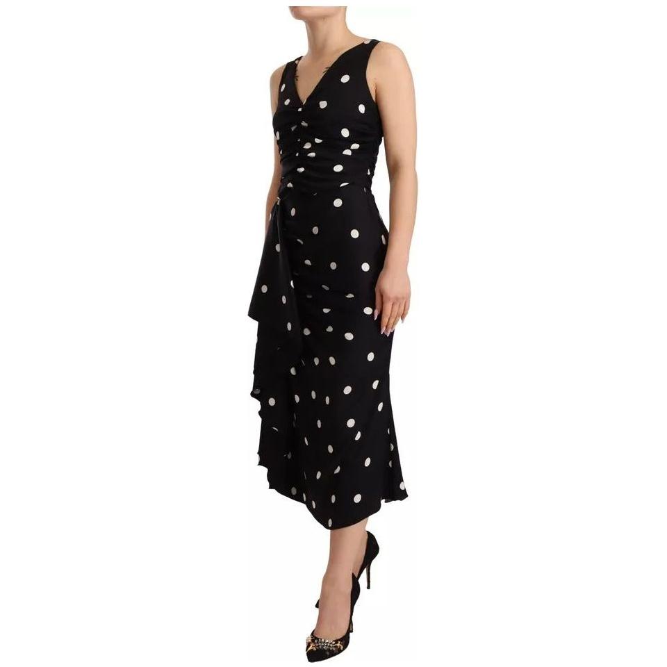 Dolce & Gabbana Black Silk Polka Dots V-neck Sheath Midi Dress Dolce & Gabbana