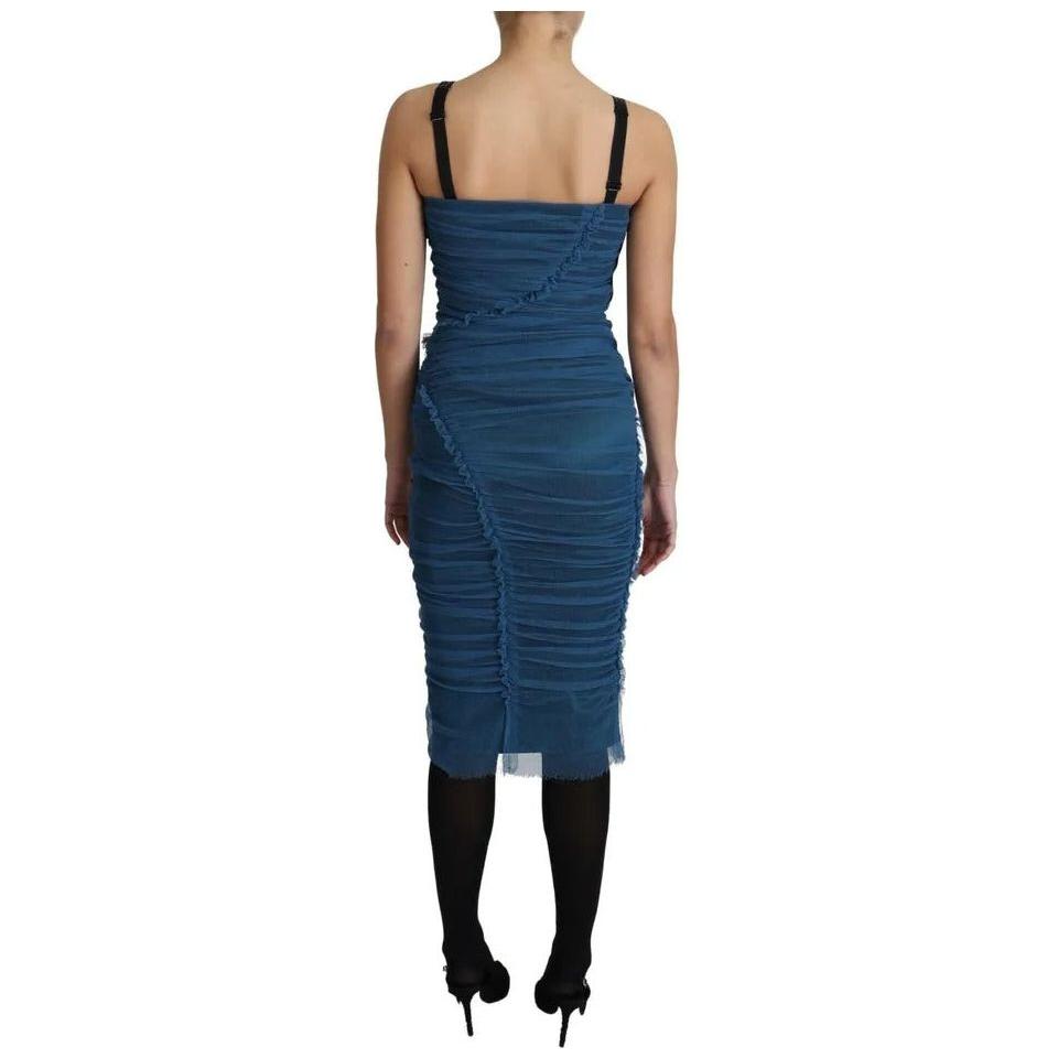 Dolce & Gabbana Blue Draped Tulle Midi Sheath Cotton Dress Dolce & Gabbana