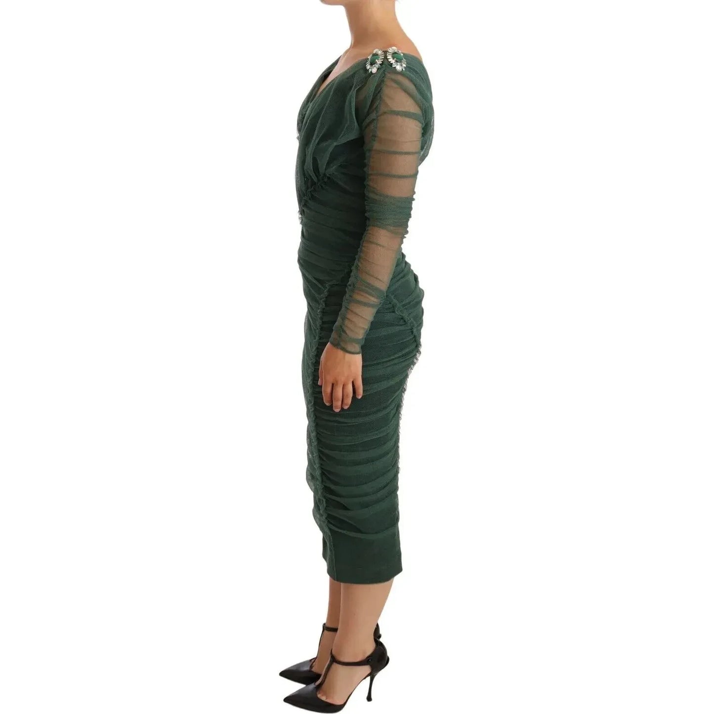 Dolce & Gabbana Green Ruched Stretch Tulle Crystal Midi Dress Dolce & Gabbana