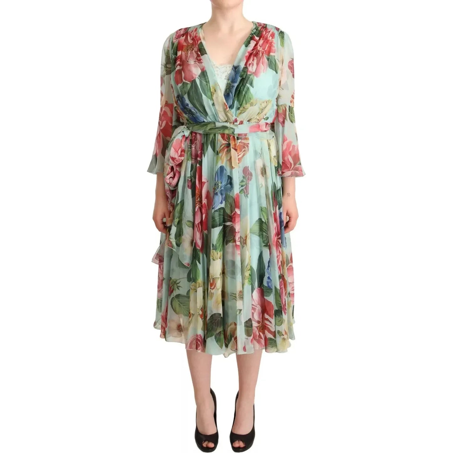 Dolce & Gabbana Multicolor Green Silk Wrap Gown Dress Dolce & Gabbana