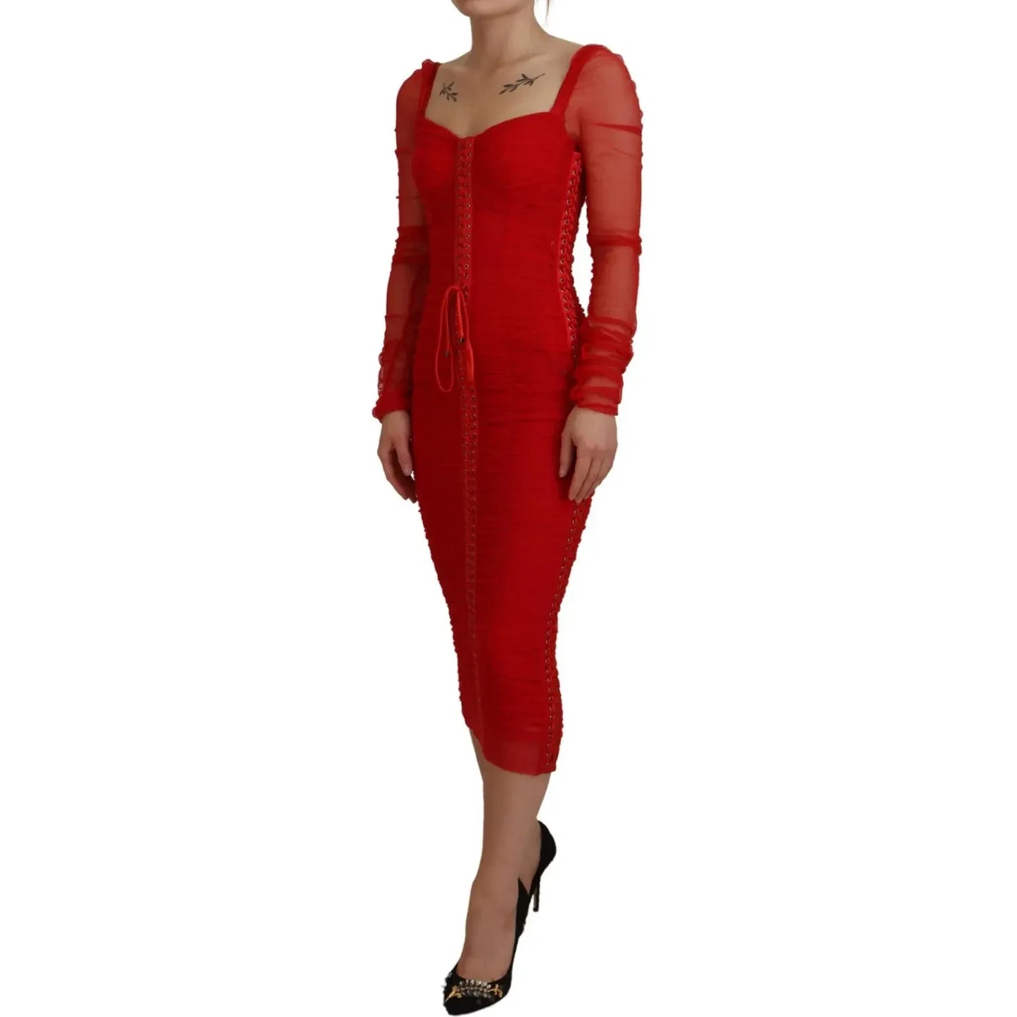 Dolce & Gabbana Red Mesh Trim Bodycon Sheath Midi Dress Dolce & Gabbana