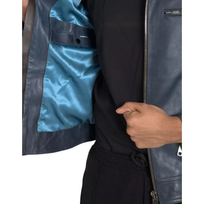 Dolce & Gabbana Blue Leather Full Zip Biker Blouson Jacket