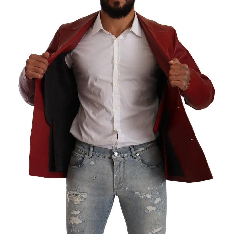 Dolce & Gabbana Red Double Breasted Leather Coat Jacket Dolce & Gabbana