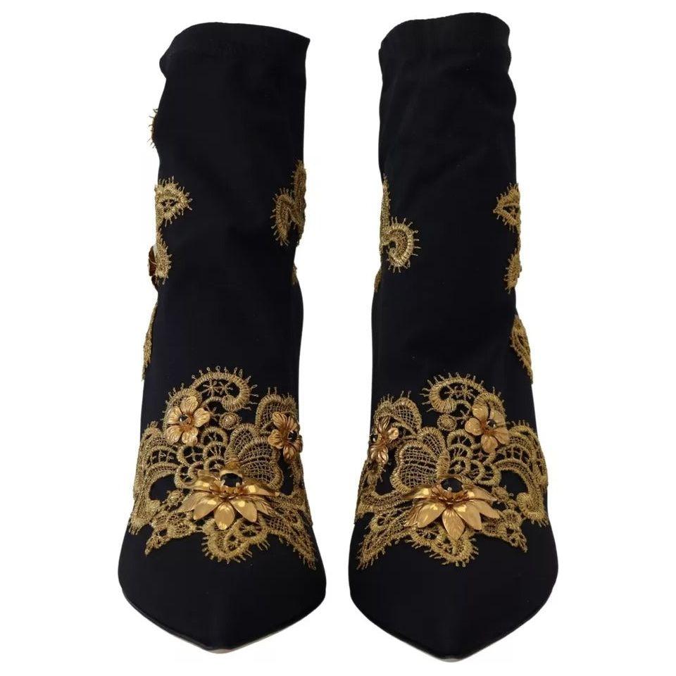 Dolce & Gabbana Black Gold Embroidery Slip On Boots Shoes Dolce & Gabbana