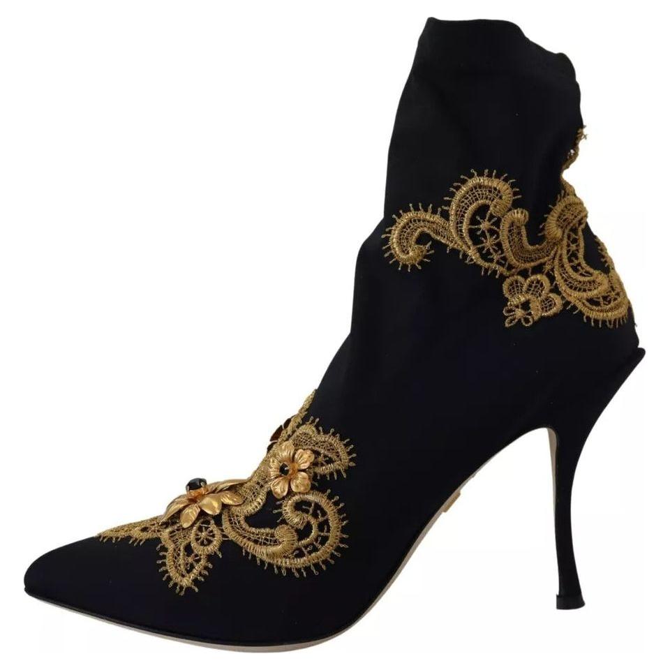 Dolce & Gabbana Black Gold Embroidery Slip On Boots Shoes Dolce & Gabbana