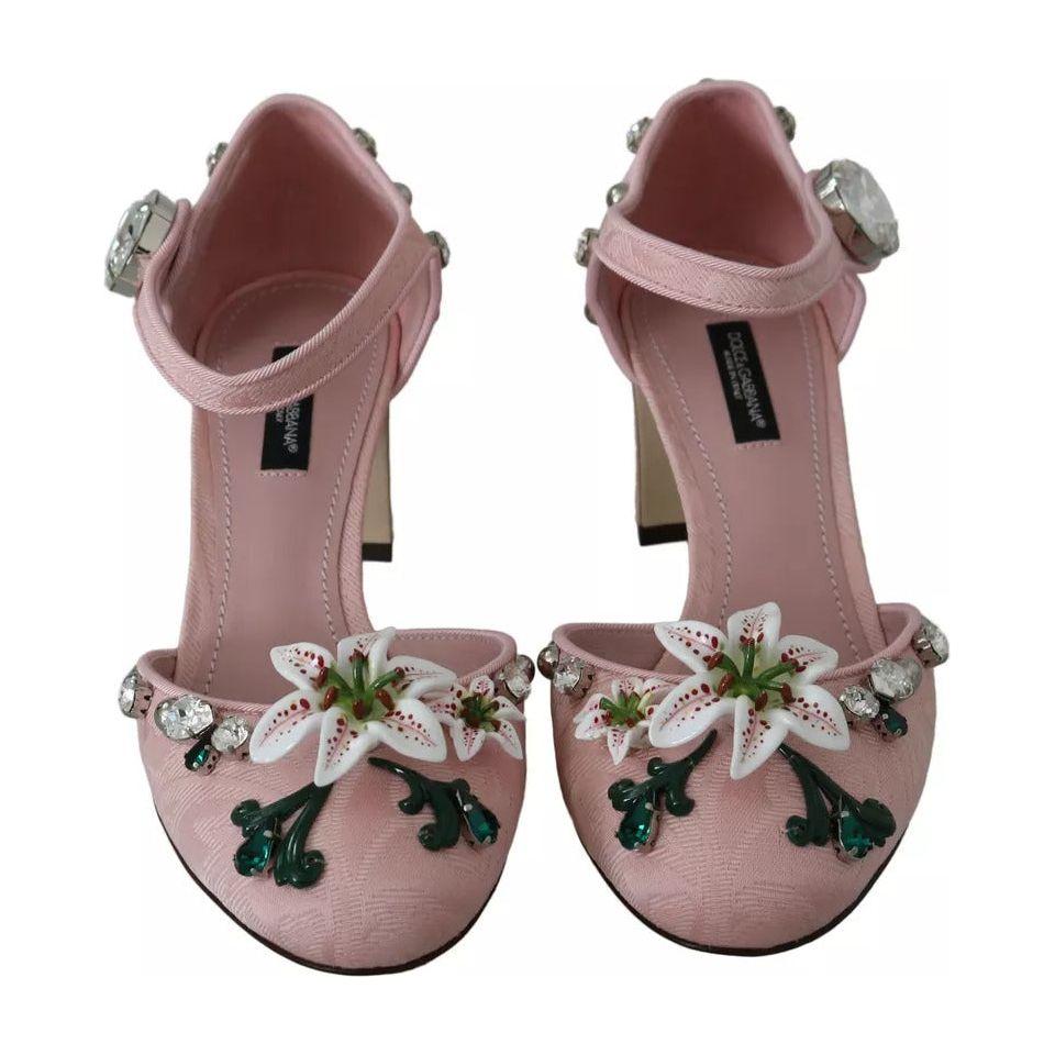 Dolce & Gabbana Pink Brocade Crystal Lily Ankle Strap Shoes Dolce & Gabbana