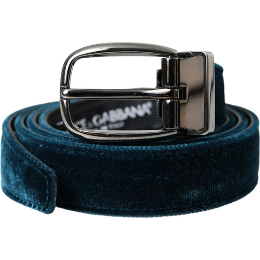 Dolce & Gabbana Blue Velvet Leather Silver Metal Buckle Belt Dolce & Gabbana