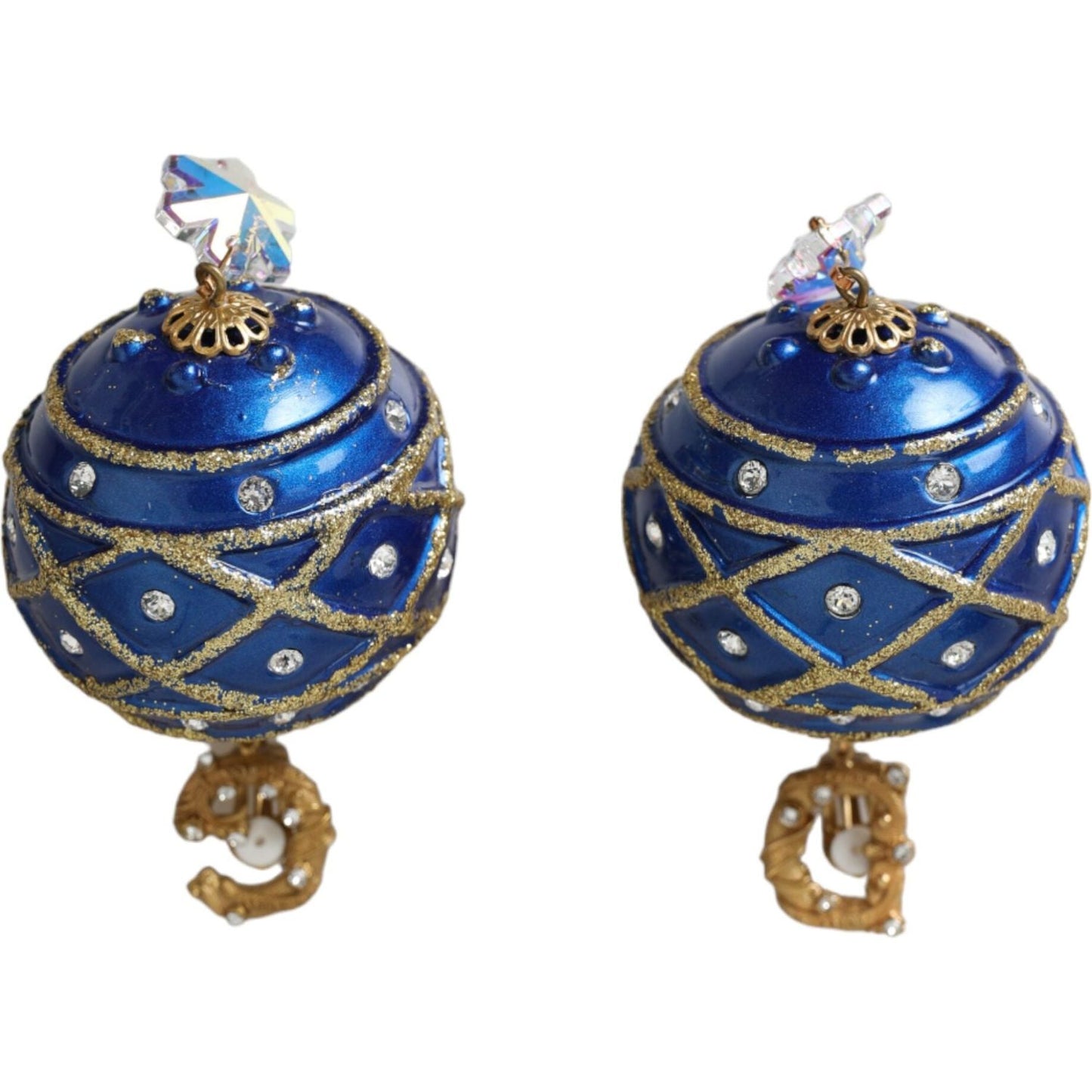 Dolce & Gabbana Gold Brass Blue Dangle Christmas Ball Crystal Clip On Earrings Earrings Dolce & Gabbana