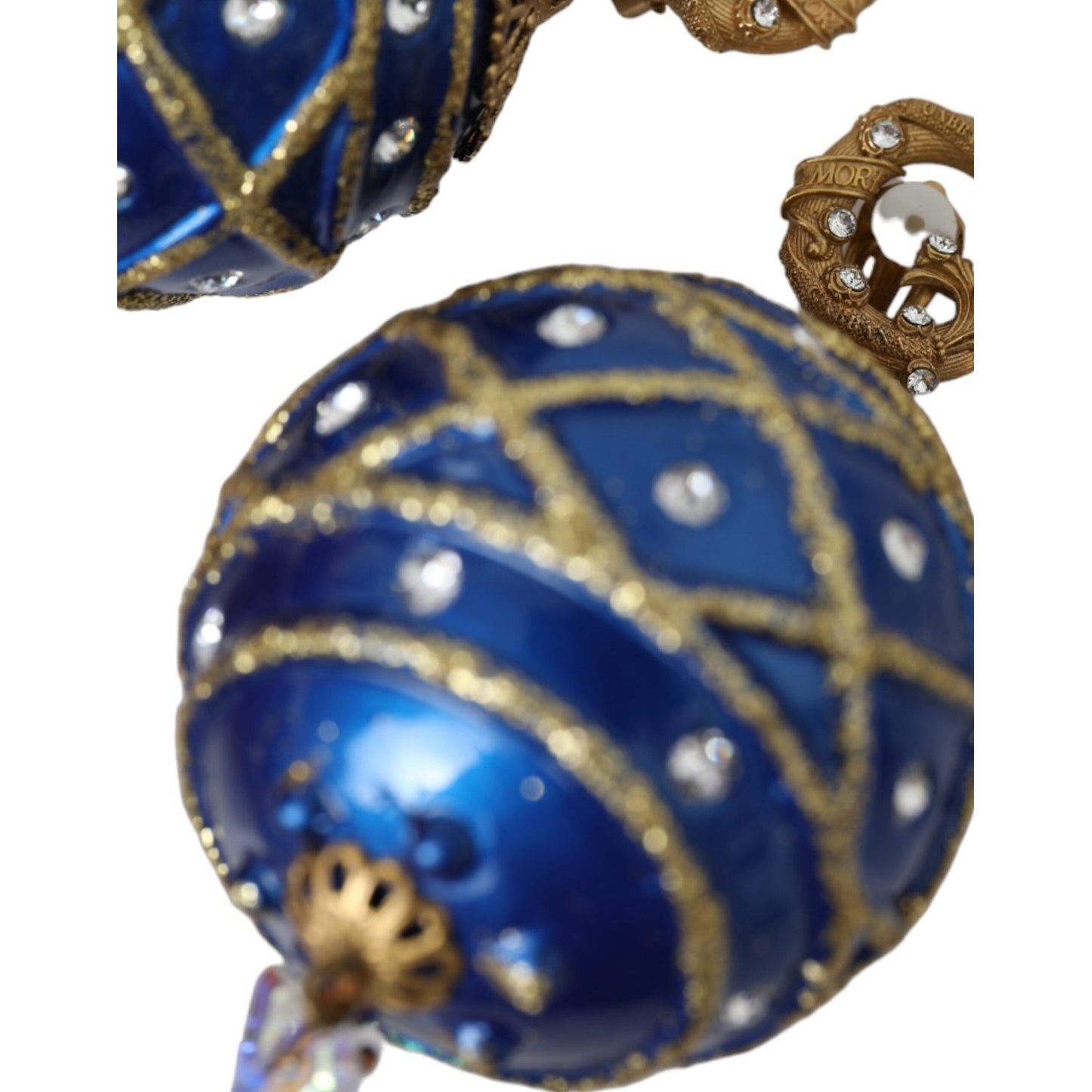 Dolce & Gabbana Gold Brass Blue Dangle Christmas Ball Crystal Clip On Earrings Earrings Dolce & Gabbana