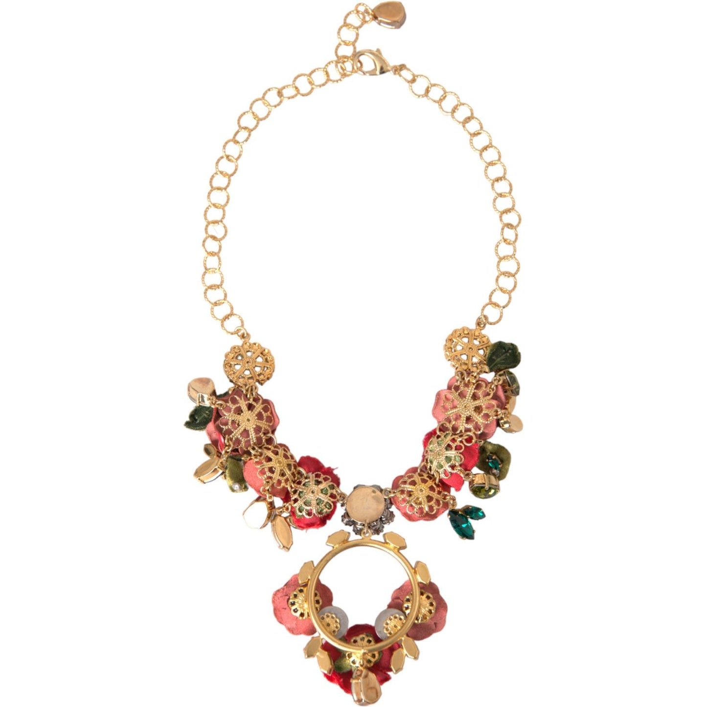 Dolce & Gabbana Gold Brass Link Chain RosePetal Crystal Pendant Necklace Dolce & Gabbana