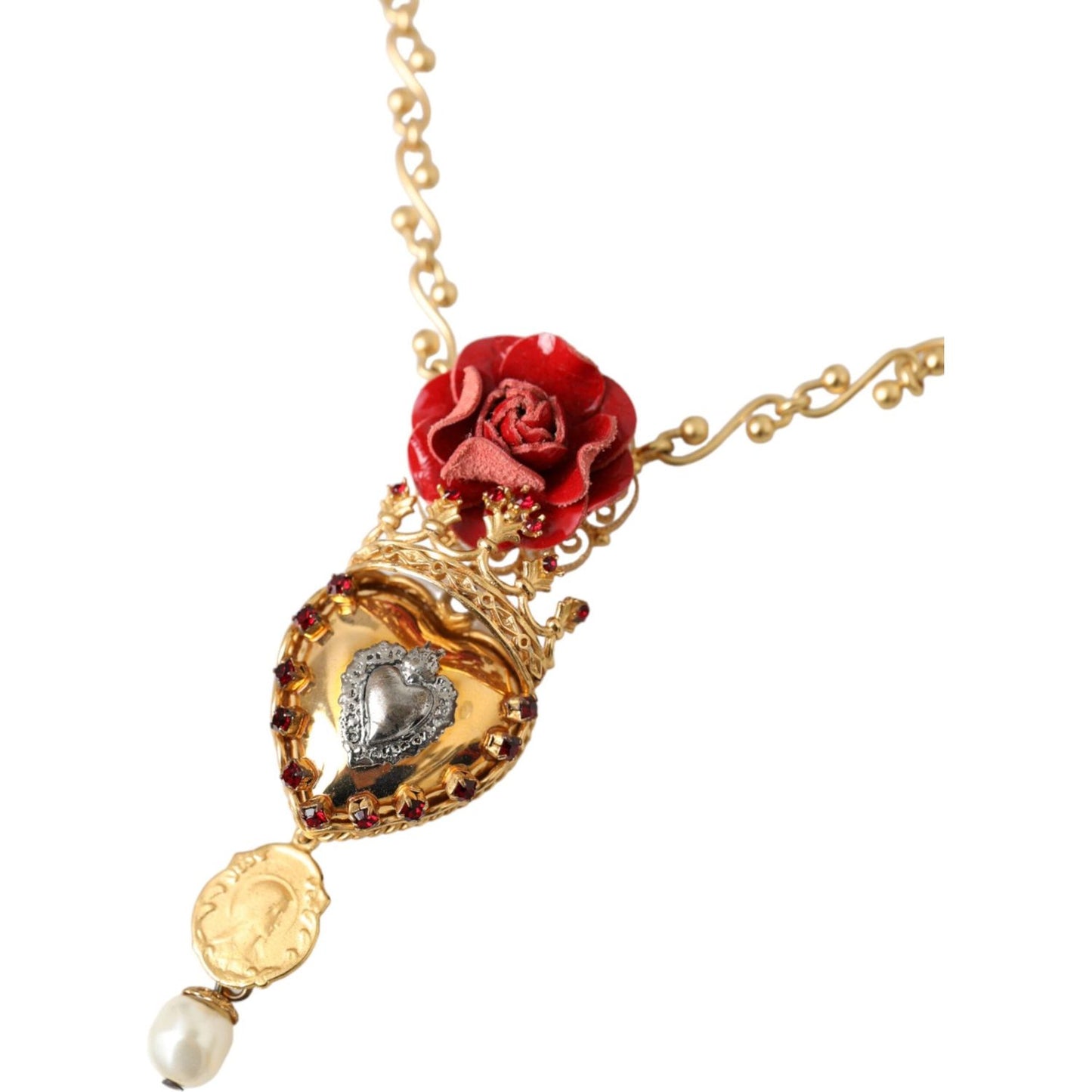 Dolce & Gabbana Gold BrassChain Sacred Heart Rose Crystal Charm Necklace Necklace Dolce & Gabbana