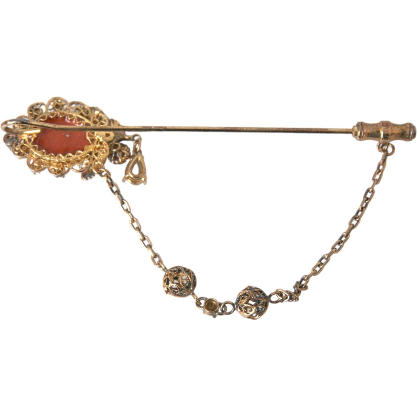 Dolce & Gabbana Gold Brass Crystal Chain 925 Sterling Silver Pin Brooch Brooch Dolce & Gabbana