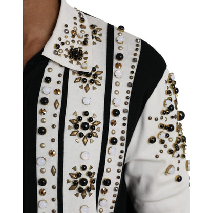Dolce & Gabbana White Black Silk Studded Stone Crystal Shirt