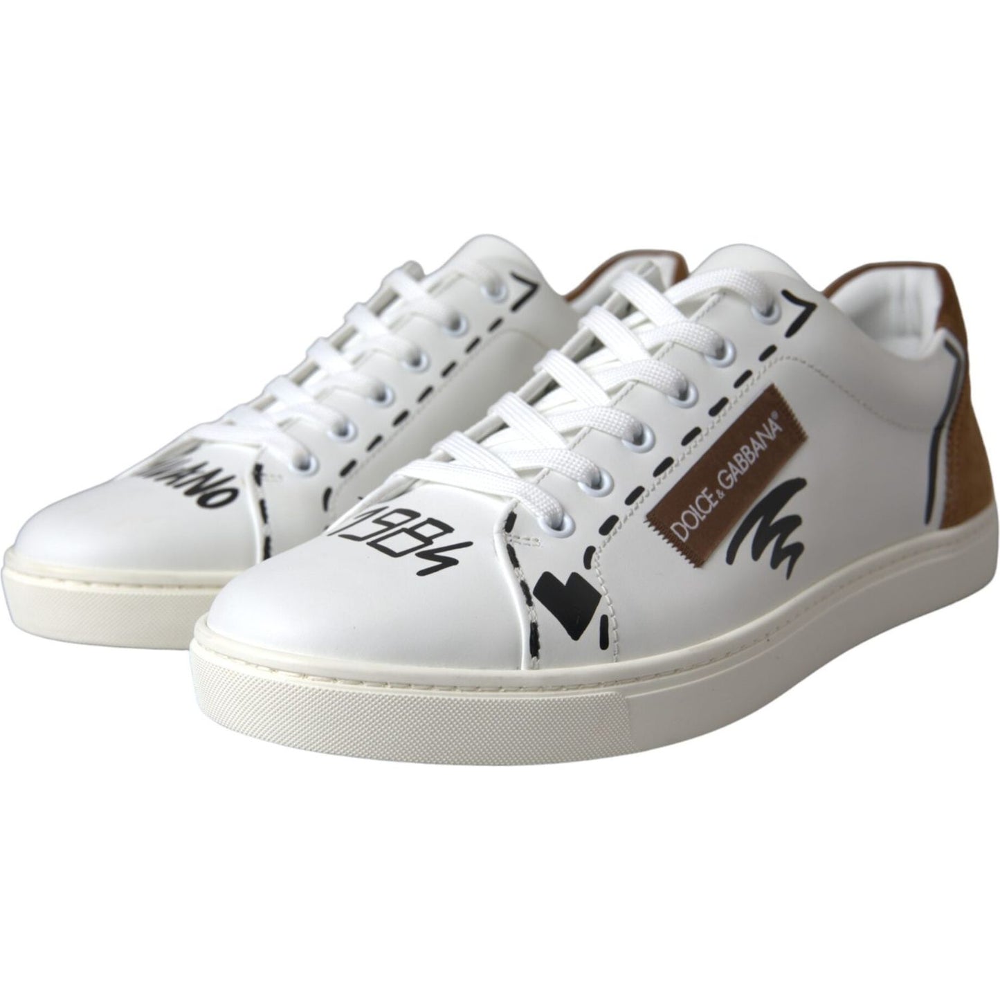 Dolce & Gabbana White Brown Leather Logo Low Top Sneakers Shoes Dolce & Gabbana