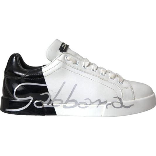 White Black Leather Logo Low Top Sneakers Shoes