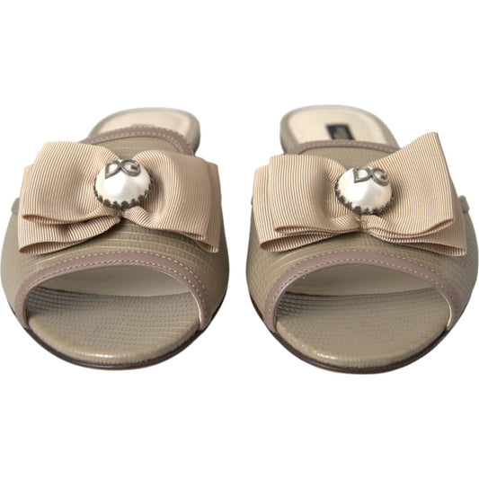 Dolce & Gabbana Beige Logo Pearl Flats Sandals Slides Shoes Dolce & Gabbana